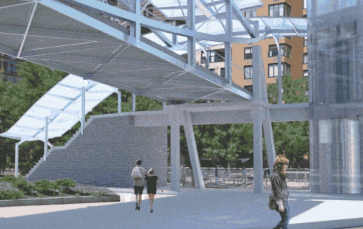 The bridge's western landing will lead to the existing dog run that is next to West Street. Three trees currently located at the corner of the dog run will be replanted elsewhere, according to the bridge's architect. Rendering: Economic Development Corp. The bridge's western landing will lead to the existing dog run that is next to West Street. Three trees currently located at the corner of the dog run will be replanted elsewhere, according to the bridge's architect. Rendering: Economic Development Corp.